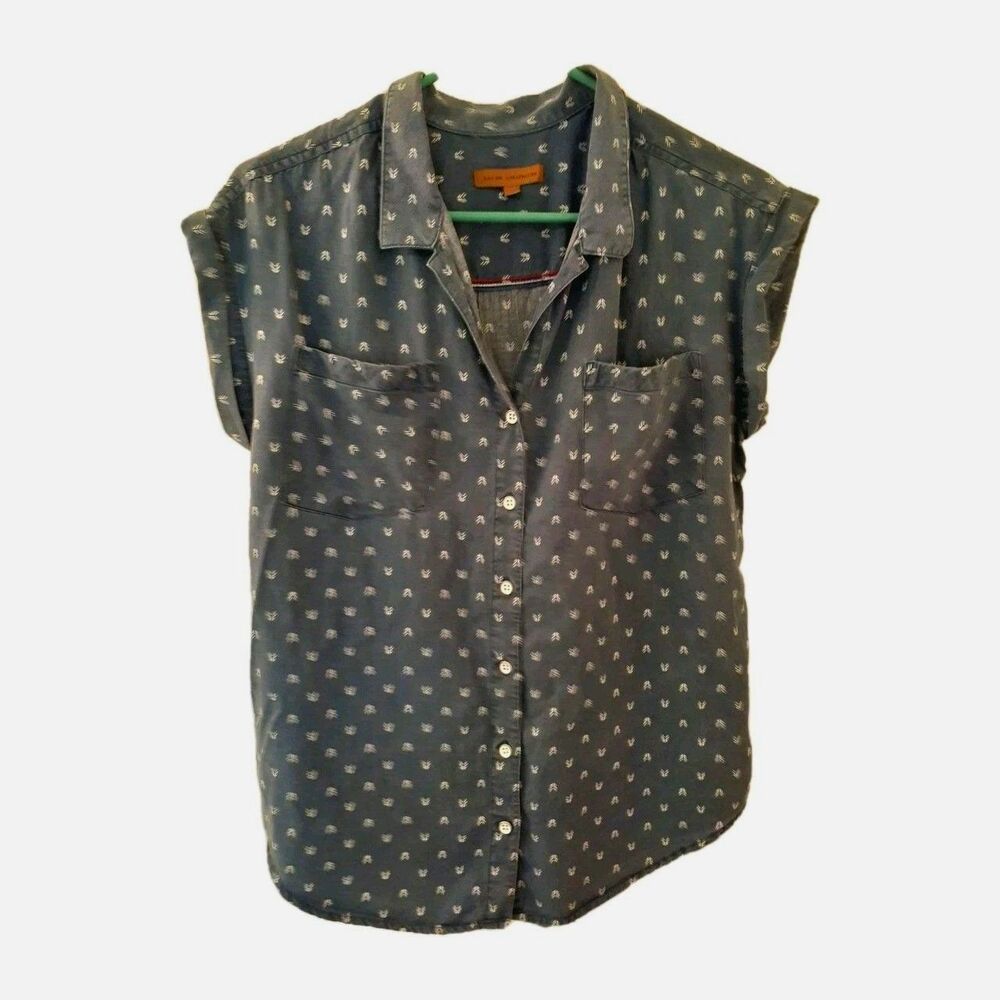 Jachs Girlfriend blue Short Tencel Sleeve Casual shirt  S Summer Button Down Top